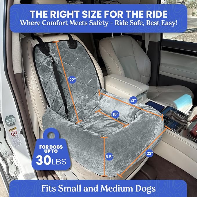 4Knines Dog Car Seat – Plush Travel Bed for SUVs, Trucks & Sedans – Comfortable, Supportive & Secure Ride for Small and Medium Dogs – Washable, Non-Slip Bottom, UV-Resistant Straps & Clips - Grey