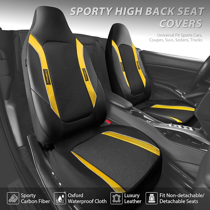 CAR PASS Sporty High Back 3D Oxford Waterproof Car Seat Cover Two Front, Universal Carbon Fiber Leather Bucket Seat Cover All Weather, Airbag Compatible Fit Sports Car SUV Sedan Truck Black Yellow