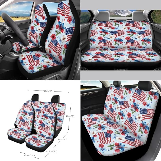 Car Seat Cover Sets Steering Wheel&Seat Belt Cover Trash Bin Air Vent Storage Box Front Rear View Mirror Cover Car Cup Holder Keychain 15Pcs Car Accessories American Flag Hibiscus Floral