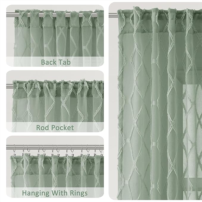 Extra Long Desert Sage Sheer Curtains 108 Inch Length for Living Room 2 Panels Back Tab Pocket Boho Farmhouse 9ft Drapes Light Filtering Embroiderd Textured Rustic Floor to Ceiling Curtain 52x108