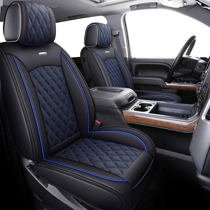Aierxuan Chevy Silverado GMC Sierra Car Seat Covers Pickup Trail Boss Z71 Custom Fit 2007-2026 1500 2500HD 3500HD Crew Double Extended Cab Waterproof Leather Cushions (2 PCS Front, Black-Blue)