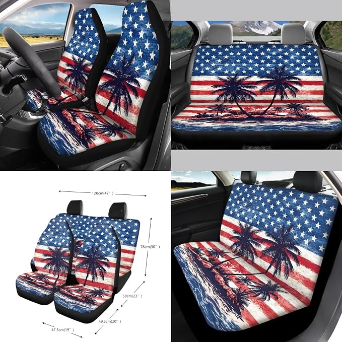 Wanyint Car Seat Cover Covers with Steering Wheel Seat Belt Strap Pad Trash Bag Phone Holder Rearview Mirror Accessories Cup Holder Key Chain Patriotic Auto Decor, 15 Pack, Hawaiian Palm Tree US Flag