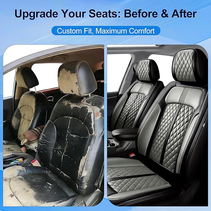 Fit Verano Car Seat Covers for Select Buick Verano 2012-2017 - Premium Full Coverage Leather, Airbag Compatible, Waterproof & All Weather Seat Cushion Protector, Full Set, Black+Gray
