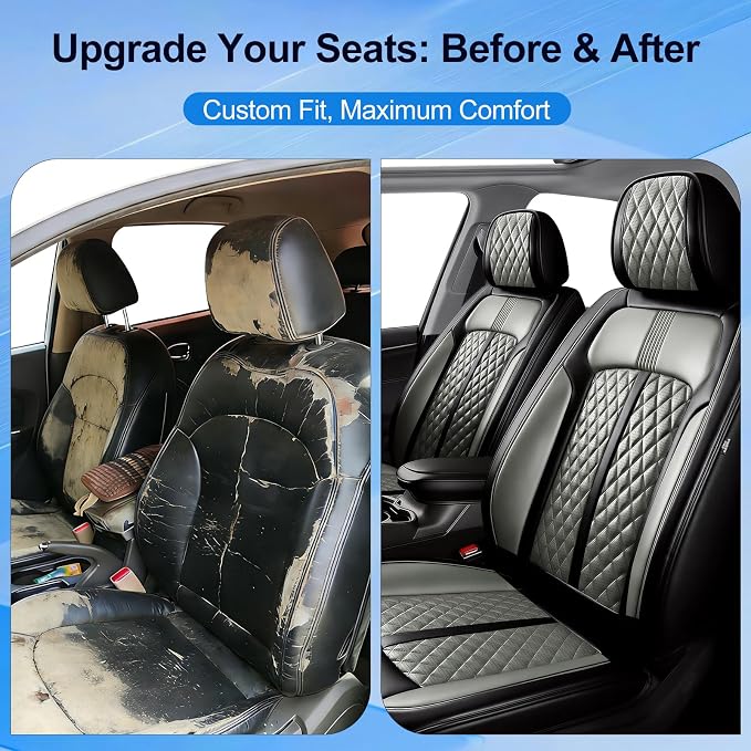 Fit XT5 Car Seat Covers for Select Cadillac XT5 2017-2026 - Premium Full Coverage Leather, Airbag Compatible & Scratch-Resistant, Waterproof & All Weather Seat Protector, Front Pair Black+Gray
