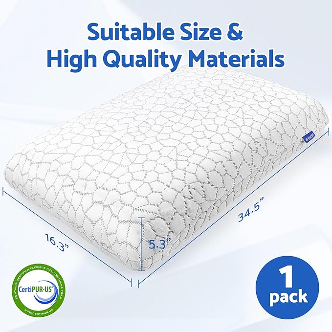 CushZone Memory Foam Pillows for Sleeping, Bed Pillow with Removable and Machine Washable Cover, Bed Pillow for Side, Back and Stomach Sleepers, King Size (1 Pack)