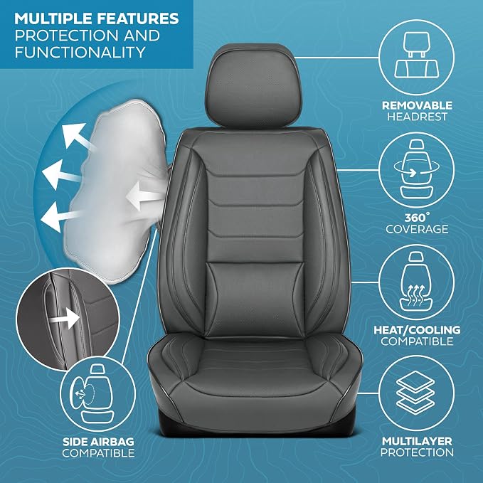 MotorBox Meridian Series Napa Leather Seat Covers for Cars, Classic Cushion Front Seat Covers, Premium PU Leatherette Gray Car Seat Covers with Classic Line Design, Cars Trucks SUVs