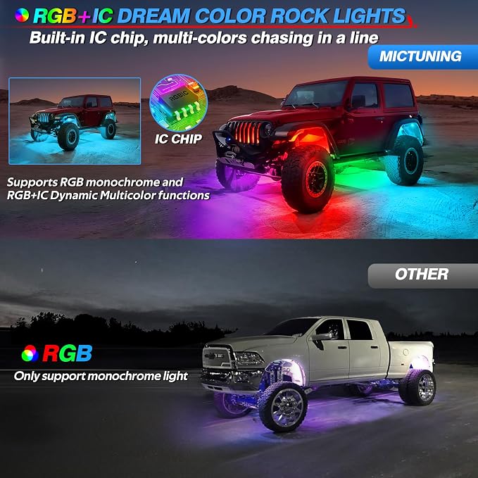 MICTUNING Y1 RGB+IC Dream Chasing Color Ultra-Bright 10 Pods LED Rock Light | Wiring Switch Kit, Extra Extension, Bluetooth APP Control, Extensible to 24 Pods, IP68 Waterproof, Series & Parallel Wiring