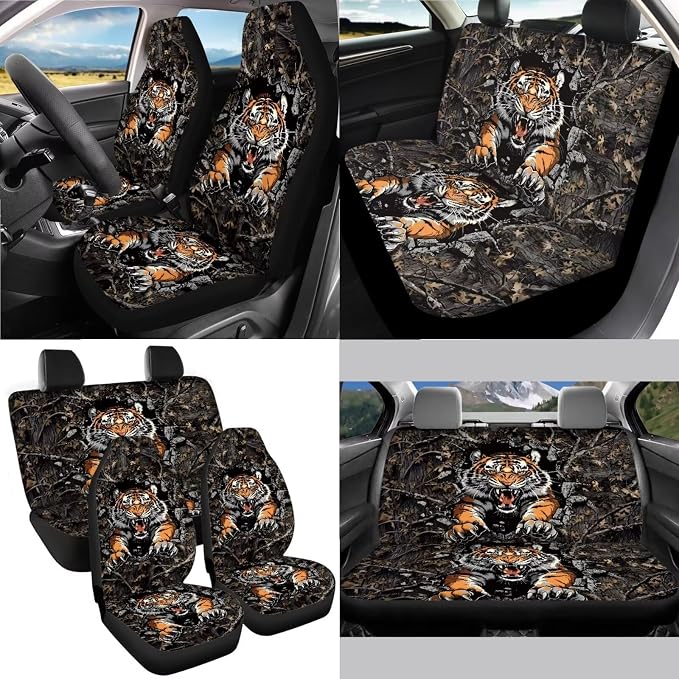 Tiger Forest Camo Print Car Seat Covers Full Set, Auto Interior Accessories Pack of 13, Steering Wheel Cover + Wear Resisting Seat Belt Covers + Washable Cup Holder Coasters for Women Men