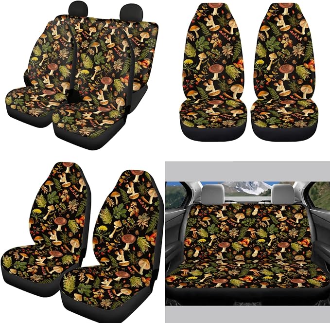 12 Piece Forest Mushroom Auto Seat Covers+Elastic Steering Wheel Cover/Shoulder Seatbelt Pad/Coasters/Hand Wrist Keychain/Lipstick Holders Sleeve Vehicle Protectors Accessories