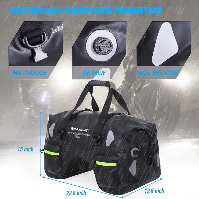 WILD HEART Dry Motorcycle Tail bag 70L/50L With Rope Straps and Inner Pocket Waterproof PVC 500D for Travel,Motorcycle and so on