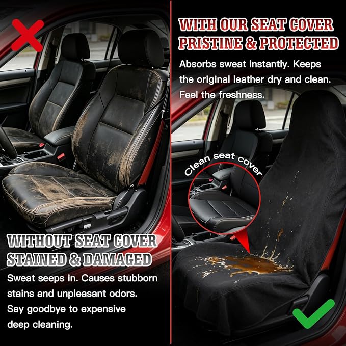550g Heavy Duty Towel Car Seat Cover, Waterproof Sweat Protector for Post-Gym & Beach, Non-Slip Microfiber Bucket Seat Mat for Sedans SUV Minivans, Machine Washable (Black, 1-Pack)