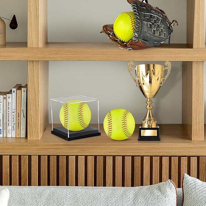 Hooqict 2 Pack Arcylic Softball Display Case Clear Softball Holder UV Protected Stand Championship Display Case Memorabilia Square Box for Golf Tennis Game Ball Baseball