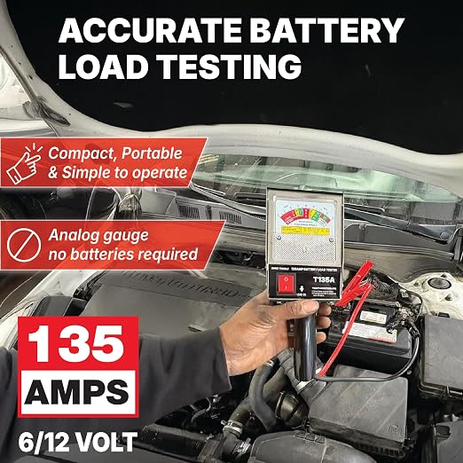 Professional 135 Amp Battery Load Tester, 6V 12V Automotive Charging System Analyzer with Easy-Read Gauge, Copper Jaw Clamps for Car, Motorcycle, Marine Batteries
