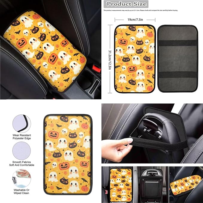 Cute Halloween Print Car Seat Covers Full Set with Auto Steering Wheel Cover Auto Center Console Pad Seat Belt Covers for SUV Truck Cars, Halloween Decorations Gifts