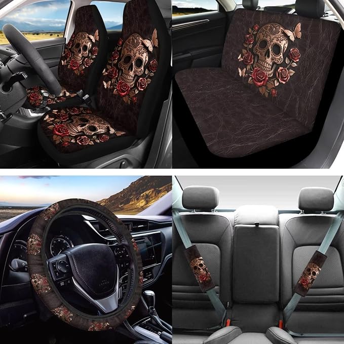 Lotusorchid Skull Print Car Seat Covers Full Set, Rose Butterfly Printed Car Front Back Seat Covers Headrest Cover, Non-Slip Gear Shift Knob Protector Steering Wheel Cover Set of 16