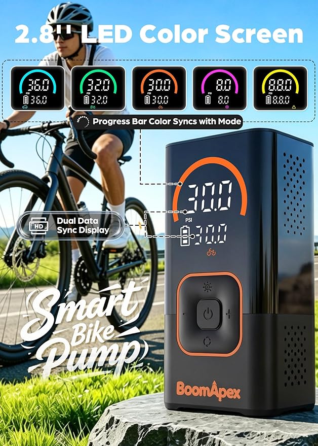 Tire Inflator Portable Air Compressor - Bike Pump with 2.88" Color Display, Real-Time Inflation Progress Bar, Air Pump with 0-150PSI Pressure Gauge, Memory Function & LED Light, Black Bike Accessories