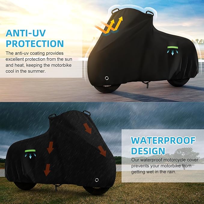 Motorcycle Cover Waterproof for Cruiser Models/Softail Standard/Iron 883/Heritage Classic 114/Fat Boy 114, All Weather Sun Rain Outdoor Protection Motorbike Cover with Soft Cotton Lining & Storage Bag