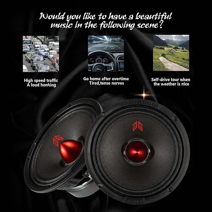 MX65E2 Midrange Loudspeaker 6.5" Red Bullet, 480W Max, 4 Ohms, Premium Quality Audio Door Speakers for Car or Truck Stereo Sound System, Black (2 Speaker)