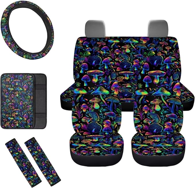8 Pcs Novelty Mushroom Car Seat Covers Full Set Car Accessories for Women Front Seat Cover Steering Wheel Armrest Cover Seat Belt Cover for Auto SUV Interior Decoration