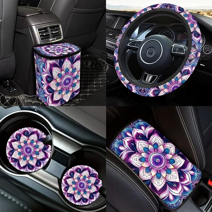Purple Mandala lotus Car Seat Covers Full Sets 18 Pack Universal Car Interior Accessories Sets Hippie Print Steering Wheel Cover Car Seat Belt Pads Cover Car Headrest Covers Vehicle Trash Bag