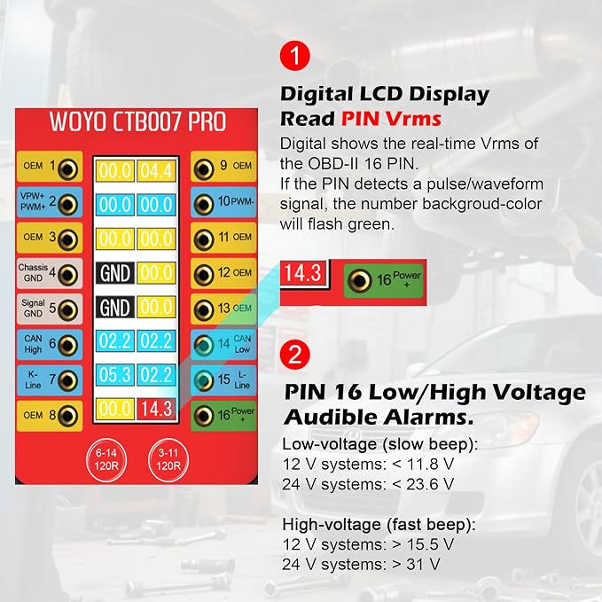 WOYO CTB007 PRO 12V/24V OBD2 Breakout Box with LCD Display 16PIN Vrms, CAN Tester Box with Built-in 120Ω for ECU Testing Tool on Bench, CAN Tester Box, 27.5inch/59inch Extension Cable (27.5inch/70cm)