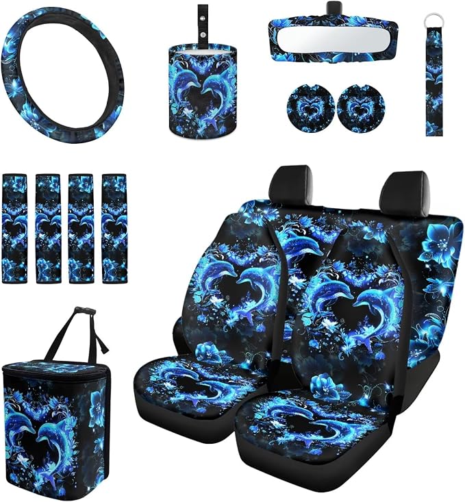 Blue Dolphin Car Seat Cover Full Set 15 PCS, with Steering Wheel Cover Seat Belt Strap Pad Trash Bag Rearview Mirror Accessories Cup Holder Keychain