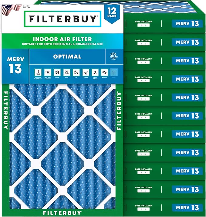 Filterbuy 12x20x2 Air Filter MERV 13 Optimal Smoke & Allergy Defense (12-Pack), Electrostatic Pleated HVAC AC Furnace Filters Replacement (Actual Size: 11.50 x 19.50 x 1.75)