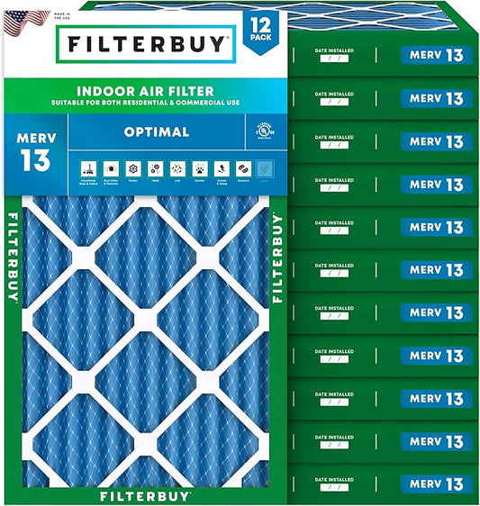 Filterbuy 10x20x2 Air Filter MERV 13 Optimal Smoke & Allergy Defense (12-Pack), Electrostatic Pleated HVAC AC Furnace Filters Replacement (Actual Size: 9.50 x 19.50 x 1.75)