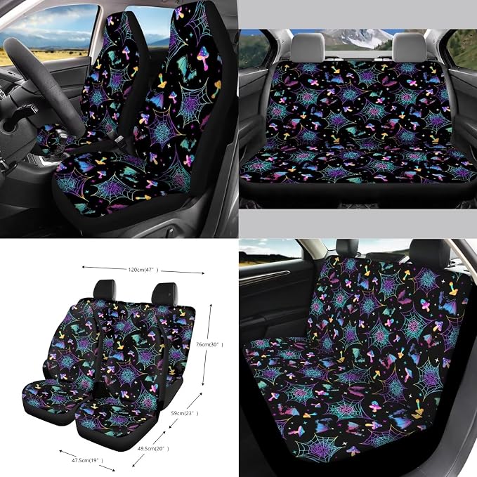 Mushroom Bat Spider Web Car Seat Covers 15Pcs Full Set Car Steering Wheel Cover Seat Belt Cover Trash Bin Air Vent Storage Box Rear View Mirror Car Cup Holder Keychain Halloween Decor