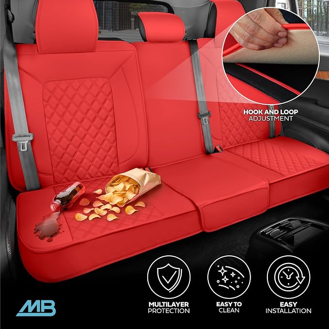 MotorBox Haven Series Napa Leather Seat Covers for Cars, Lux Edition Diamond Stitched Full Set Seat Covers, Premium PU Red Leatherette Car Seat Covers for Cars Trucks SUVs