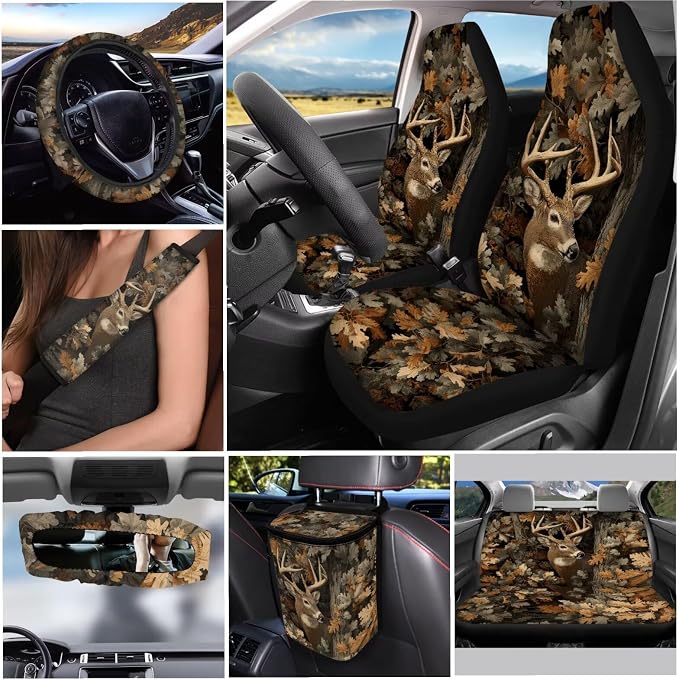 Car Seat Covers Set 12 Pcs Camo Deer Hunter Car Seat Belt Pad Cover Steering Wheel Cover Auto Cup Coasters Auto Trash Bin Rear View Mirror Cover Keychain Holder Keychains