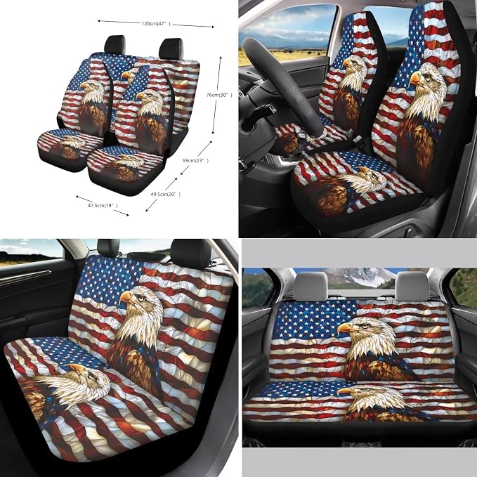Suobstales Eagle American Flag Print Car Accessories with Car Front Rear Split Seat Covers, Seat Belt Pads + Steering Wheel Cover + Coaster + Keyrings for Women Set of 11-Pcs