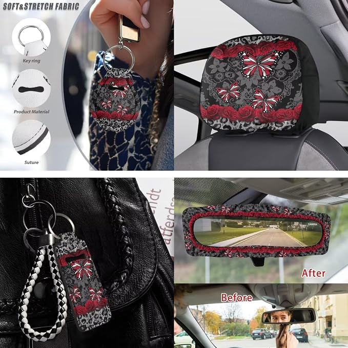 Butterfly Leopard Printed Auto Seat Cover Full Set with Steering Wheel Covers, 15 Pcs Car Front Rear Seat Covers Comfy Armrest Pad Coaster Universal Fit for Cars SUVs Trucks, Grey
