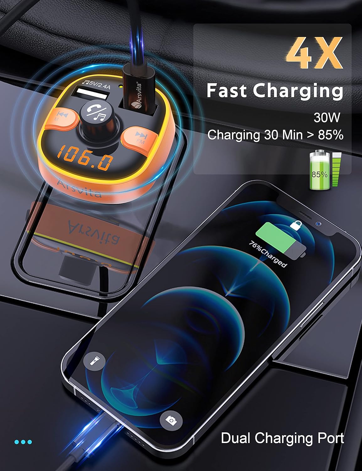 Upgraded Arsvita Bluetooth FM Transmitter for Car, Radio Receiver/Audio Adapter with Dual Car Charger, Support QC3.0 Quick Charging, Hands-Free Calling and Hi-Fi Sound Playback, Orange