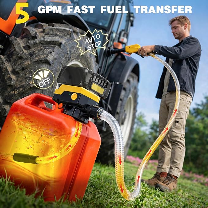 Keimi 5 GPM Cordless Fuel Transfer Pump with Auto-Stop & Hand Trigger Nozzle, Compatible with DeWalt 20V & Milwaukee 18V Batteries, Gas Can Pump for Gasoline/Diesel, 51" Hose & 4 Adapters (Bare Tool)
