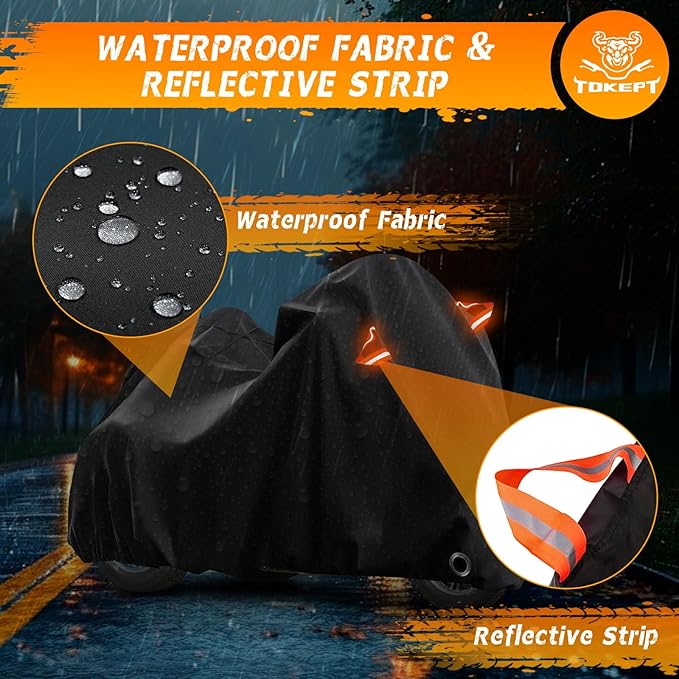 Trike Cover for Harley-Davidson Honda Gold Wing Kawasaki 3 Wheeler Motorcycle Outdoor Waterproof Storage Cover with Antenna Opening Windproof Buckle (Black)