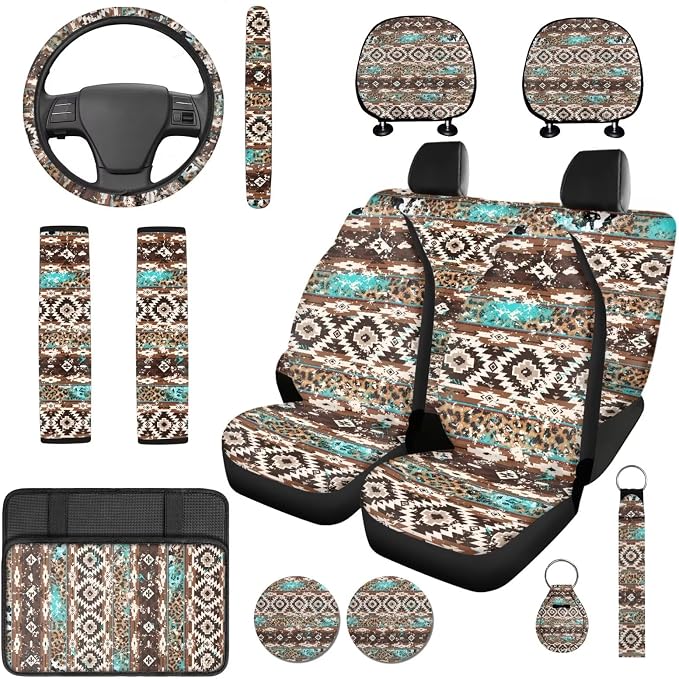 Bulopur Western Native American Automotive Seat Covers Set with Matching Steering Wheel Cover Breathable Center Console Cushion Pad Non-Slip Seat Headrest Cover 14 Pack Auto Interior Accessories