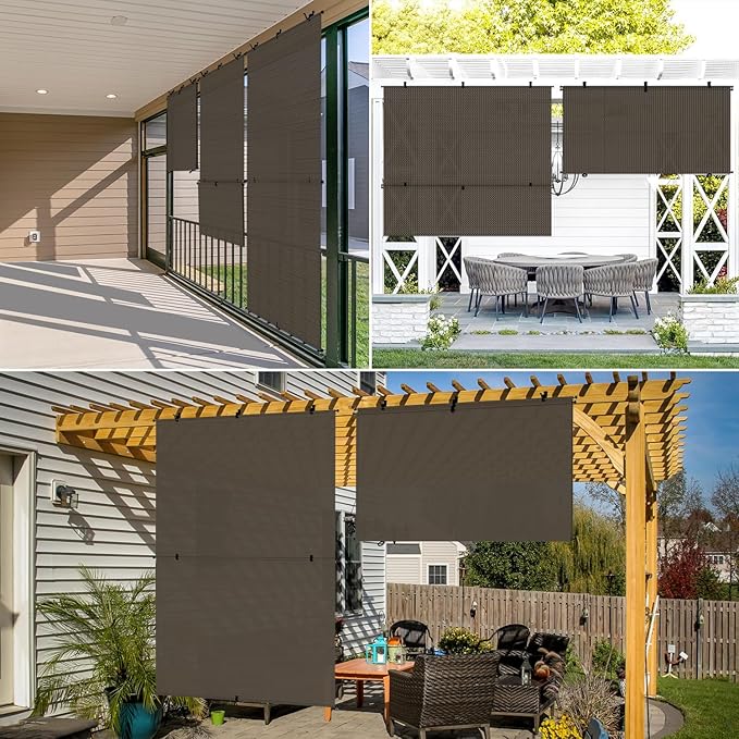 Coarbor Outdoor Roller Shades 4'W x 15'H Porch Sun Shades Outdoor Roll Up Blinds for Patio Porch Gazebo Balcony Backyard, Brown