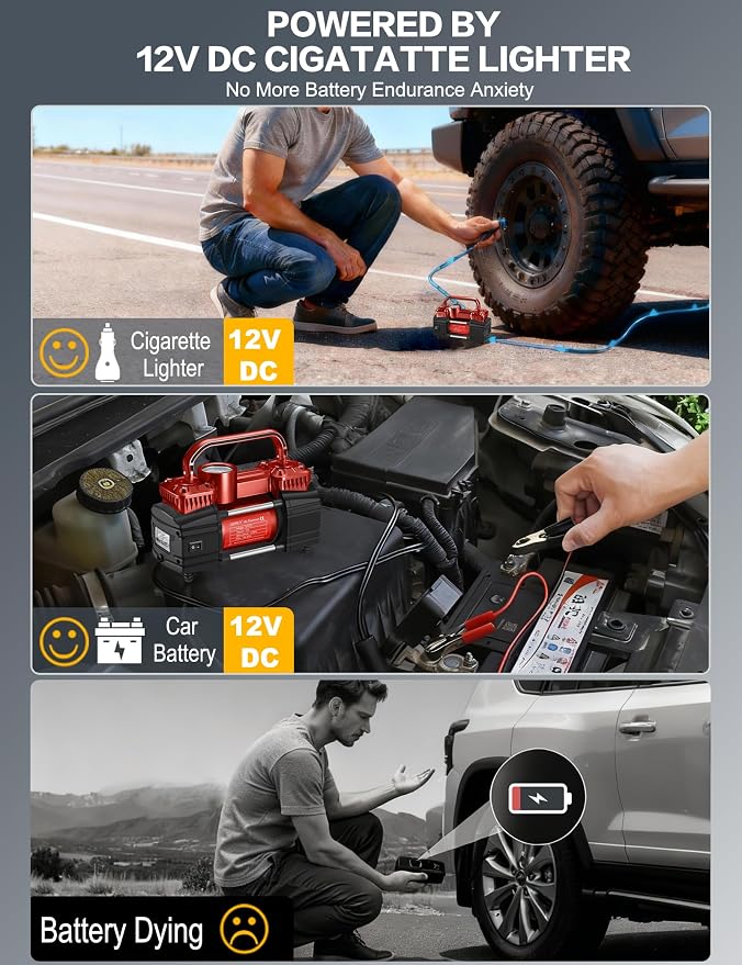 GSPSCN Heavy Duty Tire Inflator 12V Portable Air Compressor Pump 150PSI | 6X Faster Inflation Dual Cylinder Metal Air Pump with Led Light for Car, RV,Pickup Truck, SUV, Van,Camper, Air Bed,Balls