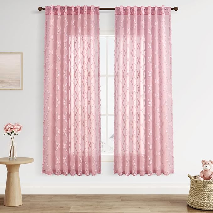 Pink Sheer Curtains 72 Inches Long for Baby Girls Bedroom 2 Panels Light Filtering Semi-Sheer Curtain for Nursery Kids Bedroom Back Tab Rod Pocket Geometric Pattern Pom Pom Short Window Drapes 52x72