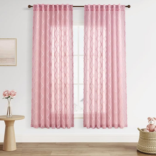 Pink Sheer Curtains 72 Inches Long for Baby Girls Bedroom 2 Panels Light Filtering Semi-Sheer Curtain for Nursery Kids Bedroom Back Tab Rod Pocket Geometric Pattern Pom Pom Short Window Drapes 52x72