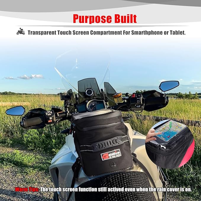 Goldfire Motorcycle Tank Bag Storage Bags Expandable ADV Gas Oil Fuel Tank Saddle Bag with Strong Strap Mount Water Resistant (Blue Piping)