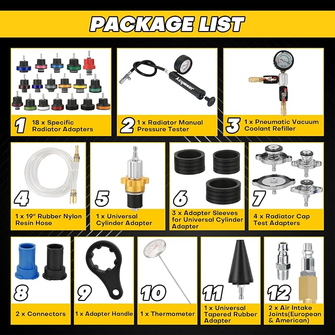 36PCS Universal Cooling System Pressure Test & Vacuum Coolant Fill Kit | Coolant Pressure Tester Kit, Radiator Leak Detection & Airlift Tool Set for Automotive Maintenance