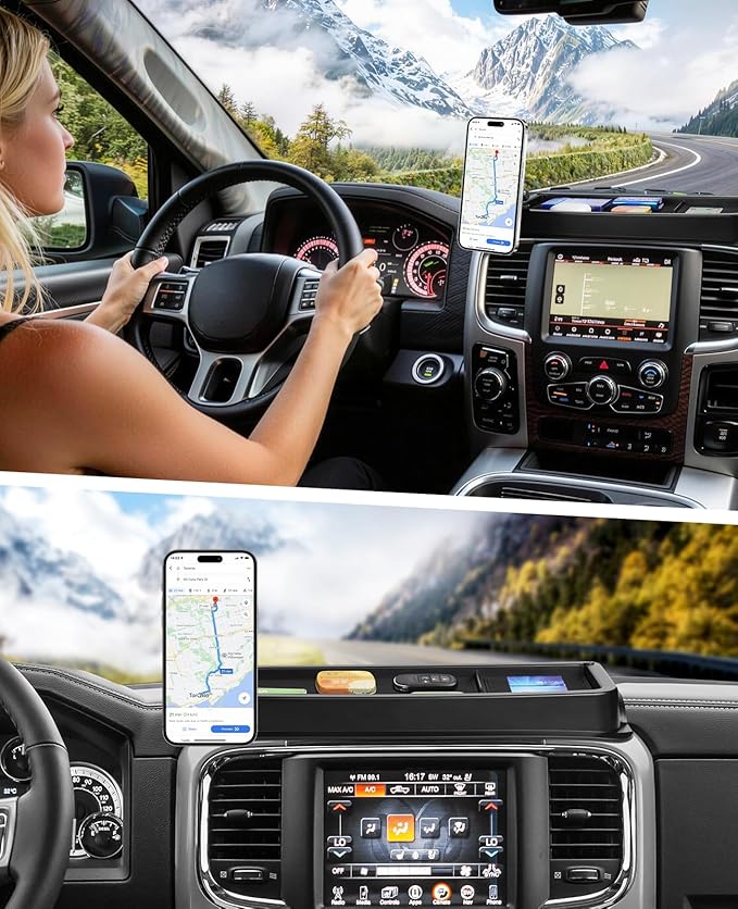 Autorder Magnetic Phone Mount for 2013-2018 Dodge RAM 1500/2500/3500 & 2019+ Classic Accessories - Dash Organizer & Cell Phone Holder for Ram Truck - Hands Free 360° Rotation - ABS Material