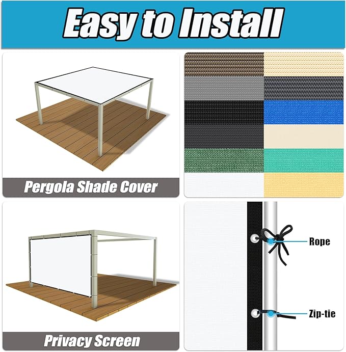 Amagenix 90% Pergola Shade Cover 8' X 15' Sun Shade Cloth with Grommets for Outdoor Garden Patio Porch, Commercial Grade 200 GSM - Cable Zip Ties Included (We Customized) GN108, White