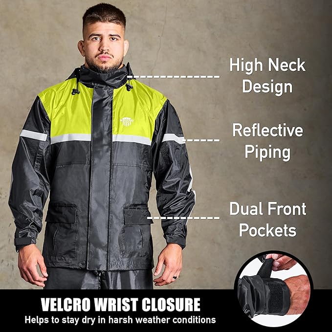 Waterproof Motorcycle Rain Suit, 2-Piece Reflective Gear, Lightweight Riding Jacket & Pants, Protective Raincoat with Hoodie