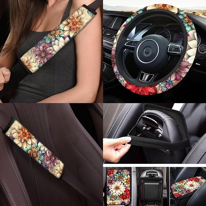 Hippie Lotus Car Seat Covers Full Sets with Front and Split Rear Bench Steering Wheel Cover Car Floor Mats Set of 4 Mandala Lotus Car Accessories Set 17 Pcs Universal Fit for Most Car SUV