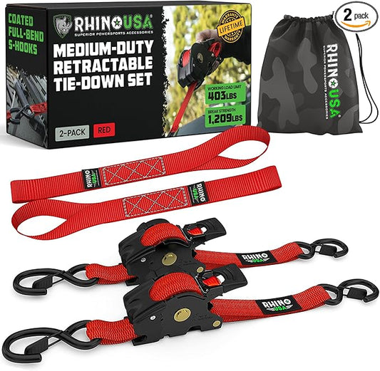 Rhino USA Retractable Ratchet Straps (2-Pack) - 1 Inch x 10 Feet (1,209lb Break Strength) - Auto Self Retracting Tie Down Straps for Truck, Cargo Trailer, Motorcycle, ATV, UTV - Red