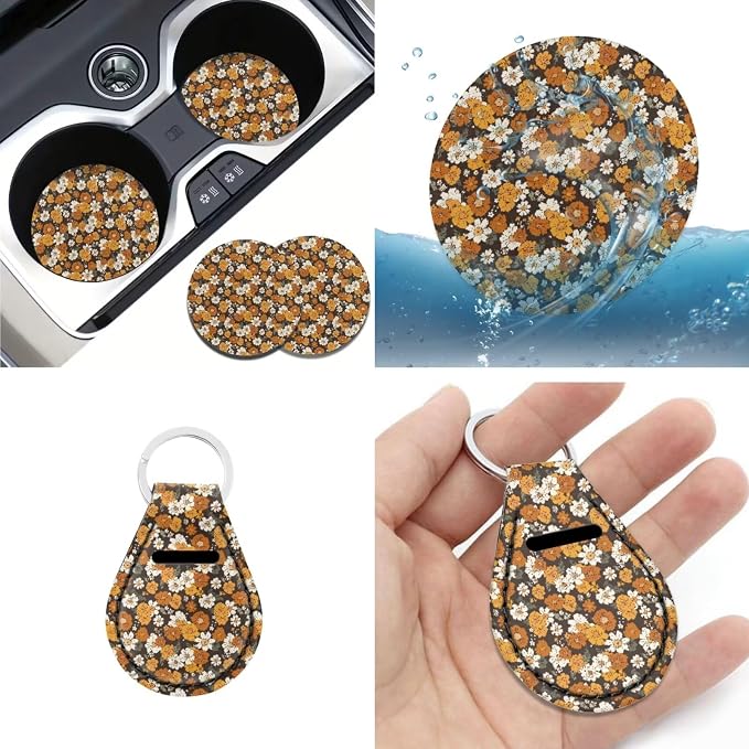 Retro Hippie Flower Seat Covers for Car 12pcs Daisy Sunflower Car Steering Wheel Cover Seatbelt Pads Armrest Pads Floral Coaster Keychain for Most Vehicle Interior Set Decorative