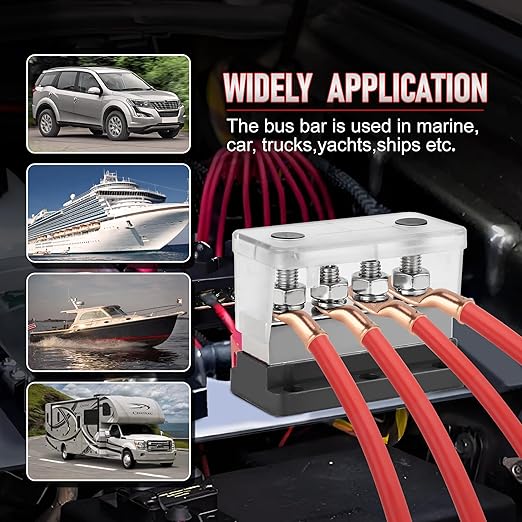 600A Bus Bar Power Distribution Block 12-48V Terminal Block 4x3/8(M10) Studs Marine Battery Bus Bar with Waterproof Cover Quick Mount for Automotive Car Boat Solar System (Black) ﻿